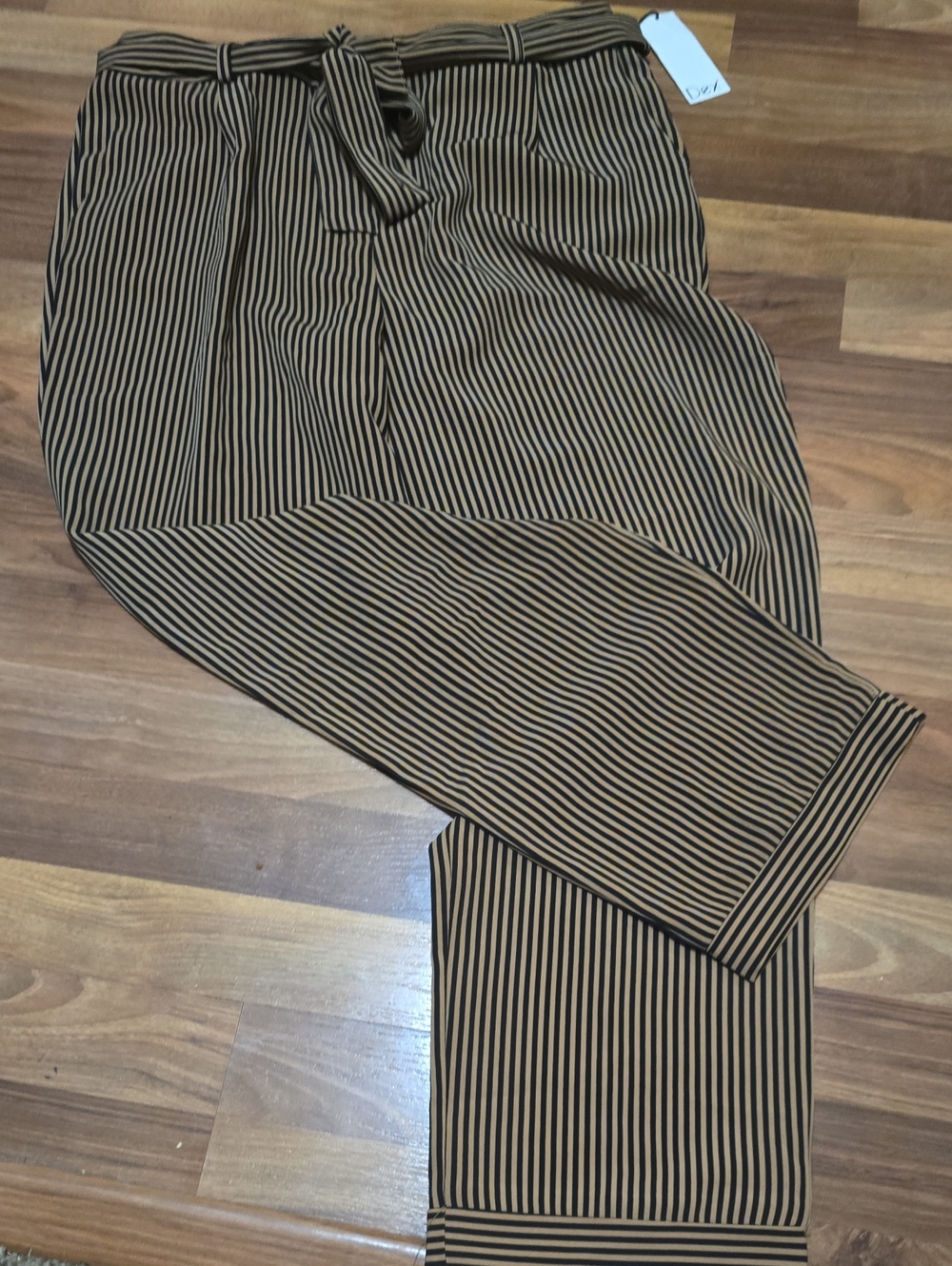 NWT Dex Striped Slacks in Caramel and Black with Tie Waist